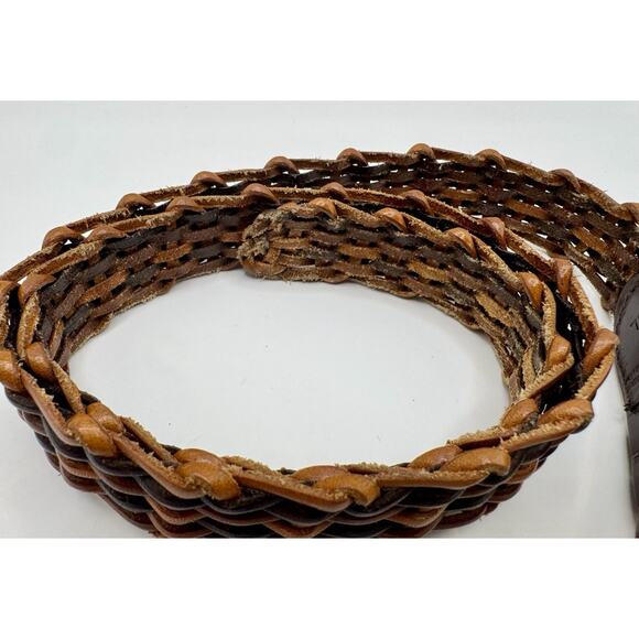 Vintage Italian Braided Leather Belt Brass Buckle Brown Size 34 main image 5